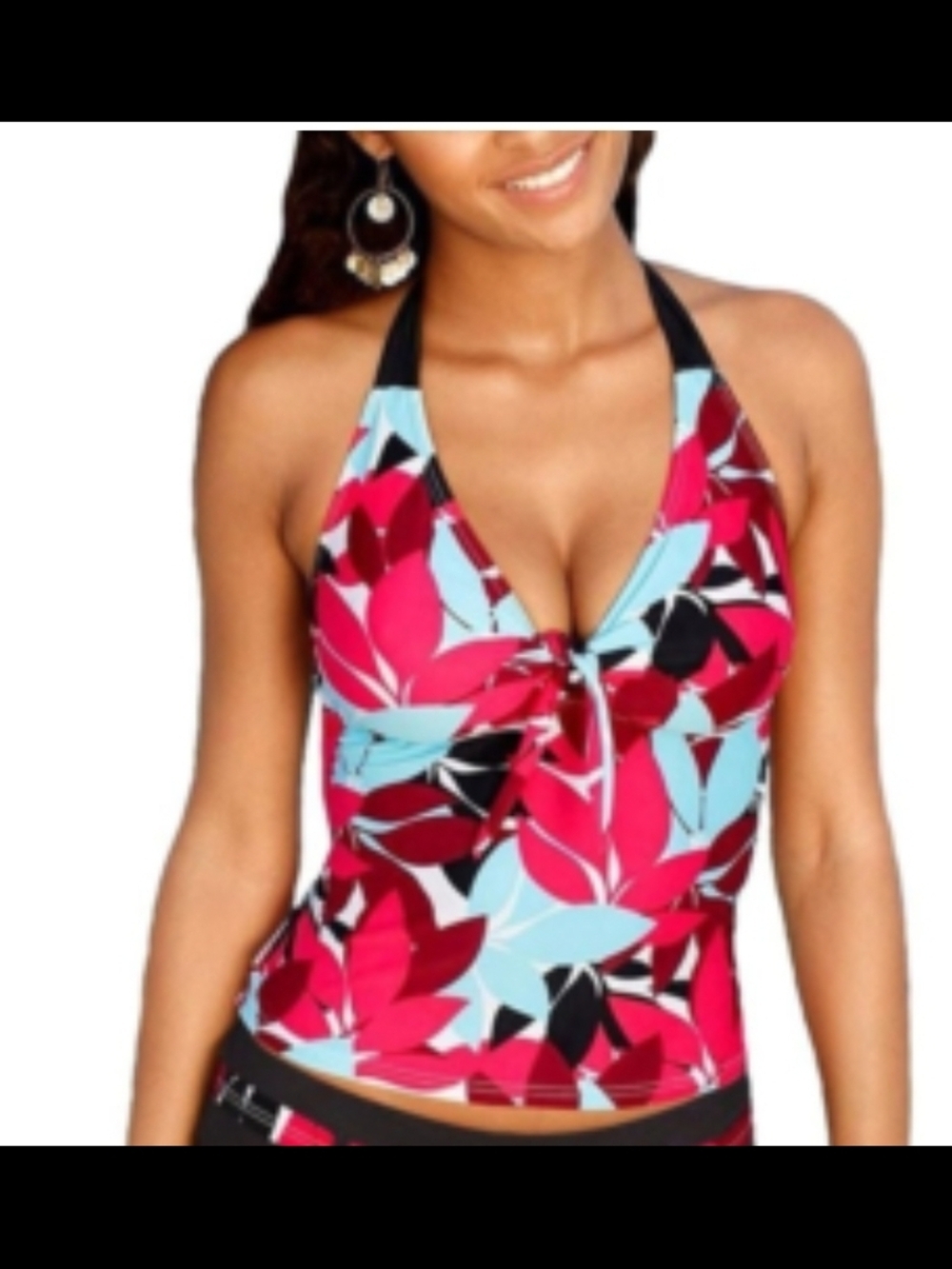 Bright Floral Halter Tankini Top - Pink, Aqua, Black